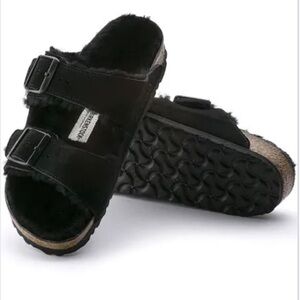 Birkenstock Black Shearling Arizona Sandals with Double Buckles